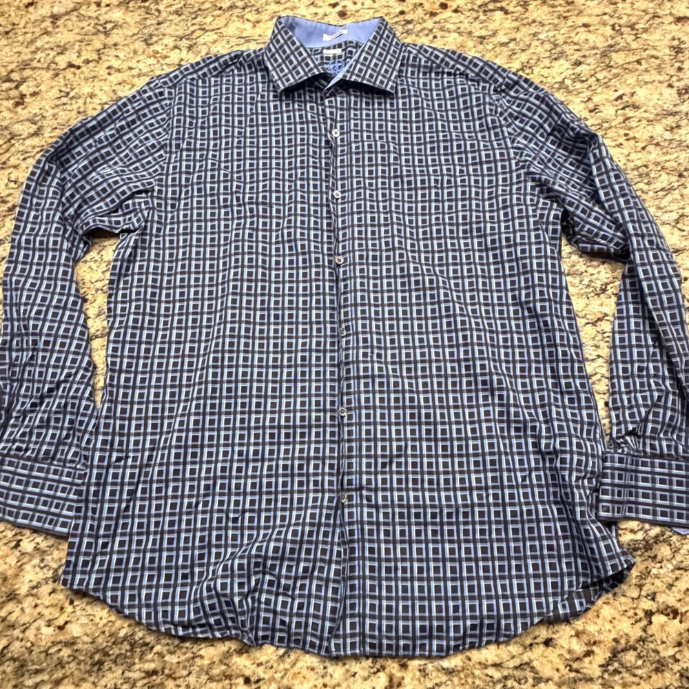 Bugatchi Uomo Shaped Fit Blue Black Geometric Square Button Down Shirt XL ws